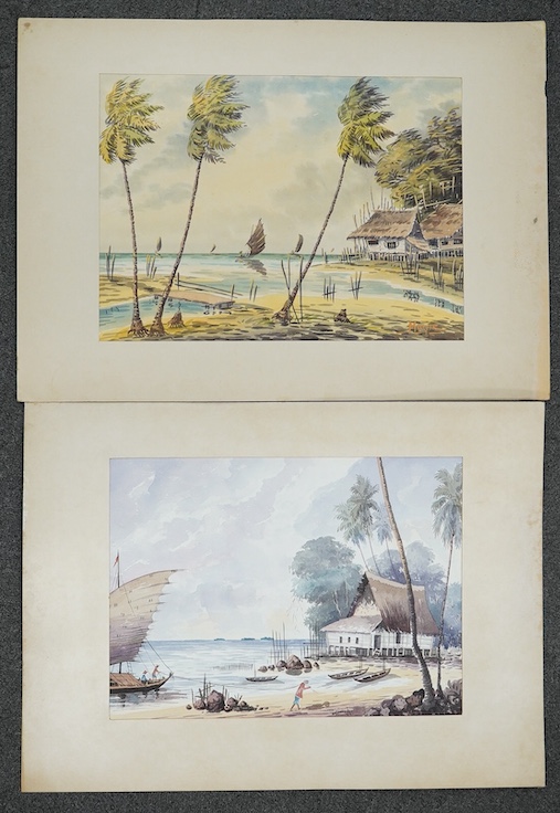 Two Eastern watercolours, signed Yidiki and Munir, Beach scenes with junks, each signed, 26 x 35cm, mounted, unframed. Condition - fair